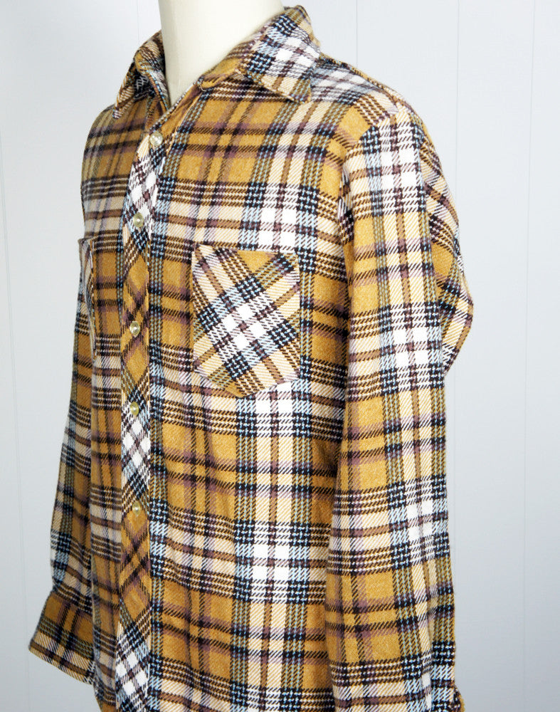 1960's Brown, Baby Blue & White Striped Plaid Wool Flannel Shirt - Size L