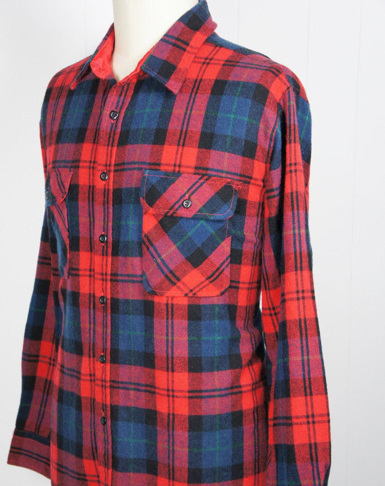 1980's Red, Blue & Black Striped Plaid Fieldmaster Flannel Shirt - Size XXL