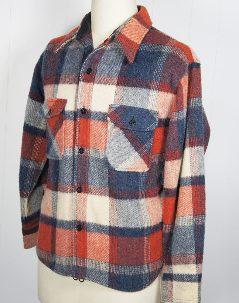 1950's Blue, Burnt Orange & Off White Checkered Flannel Shirt - Size L