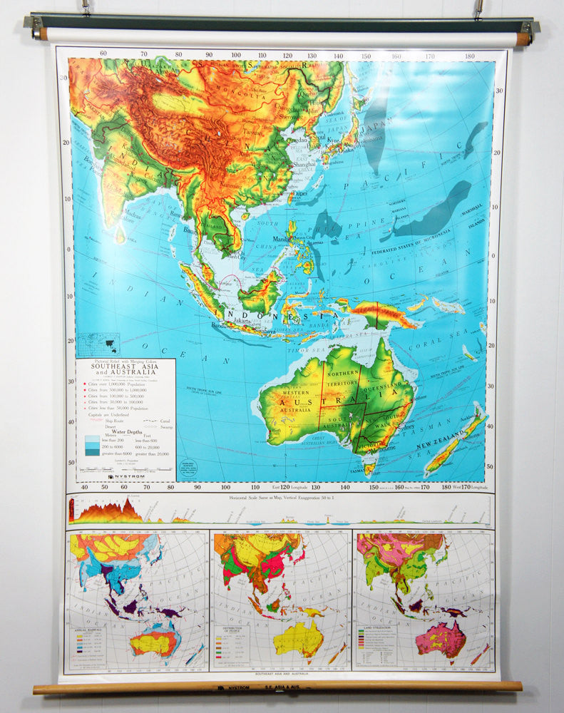 1980's Southeast Asia & Australia Pull Down Classroom Map
