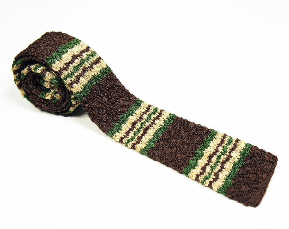 1950's Brown, Forest Green & Beige Square End Skinny Necktie