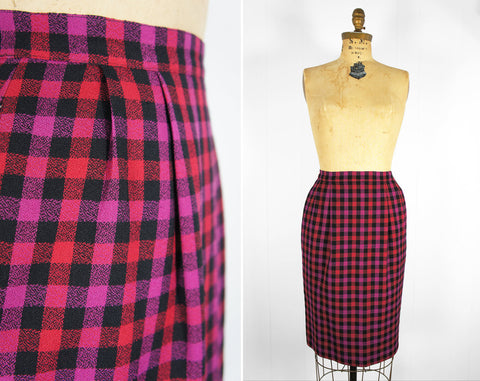 1980's Pink, Purple & Black Checkered Wool Pencil Skirt - Size S