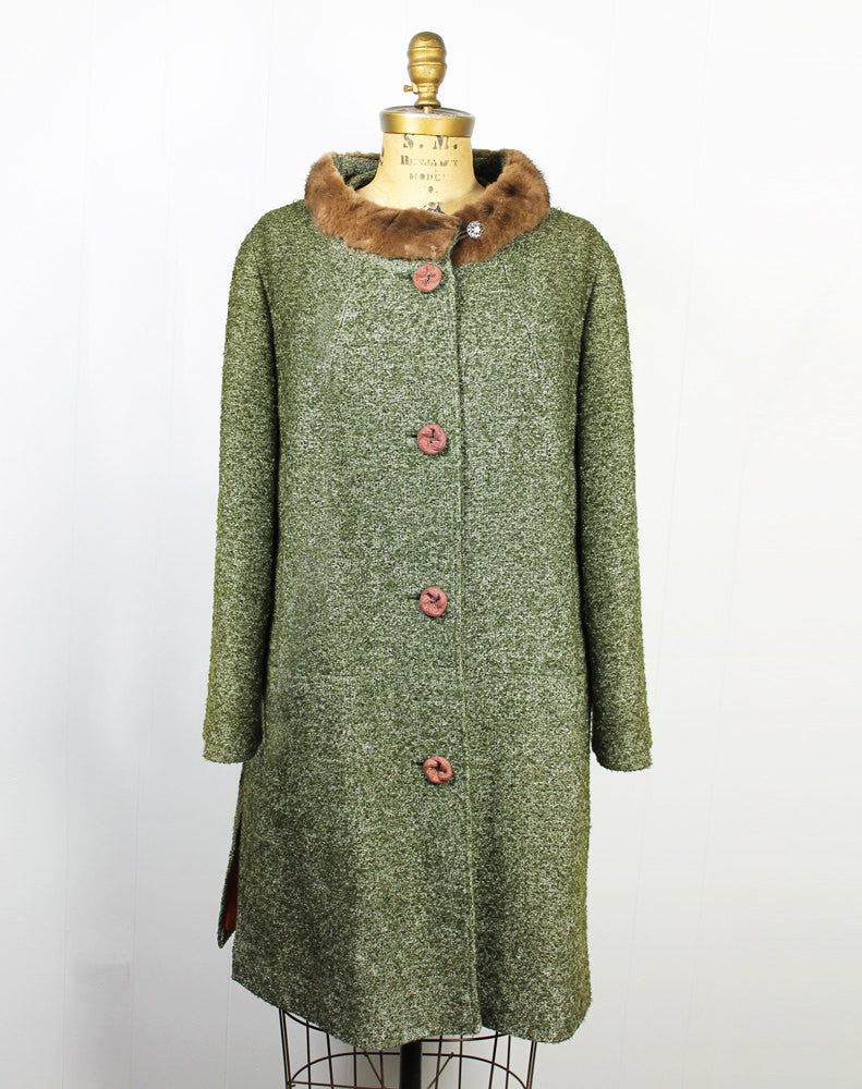 1960's Green Tweed Coat with Fur Trim Collar - Size L / XL