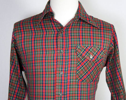 1970's Red & Green Button Up Shirt - Long Sleeve, Size L