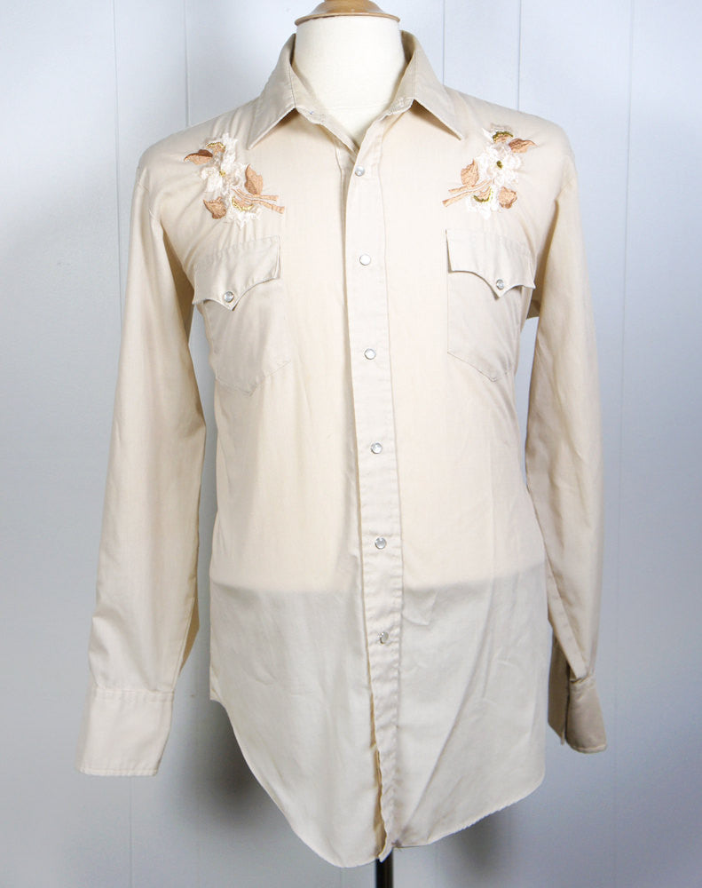 Beige Western Pearl Snap Shirt w/ Floral Yoke - Size L