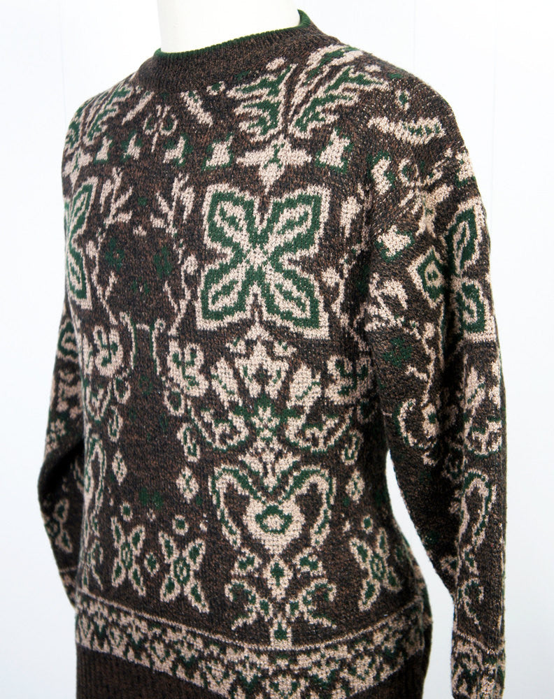 1960's Brown & Forest Green Knit Wool Sweater, Size M