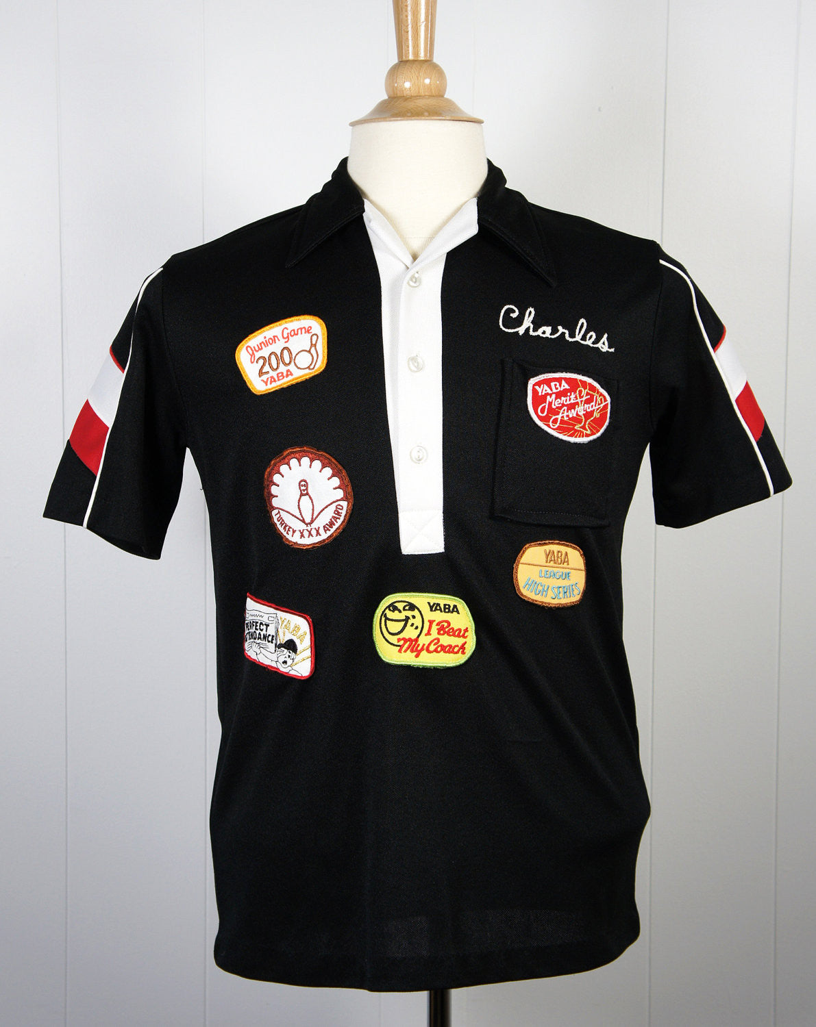 1980's Bowling Shirt w/ Patches - Charles, Size S