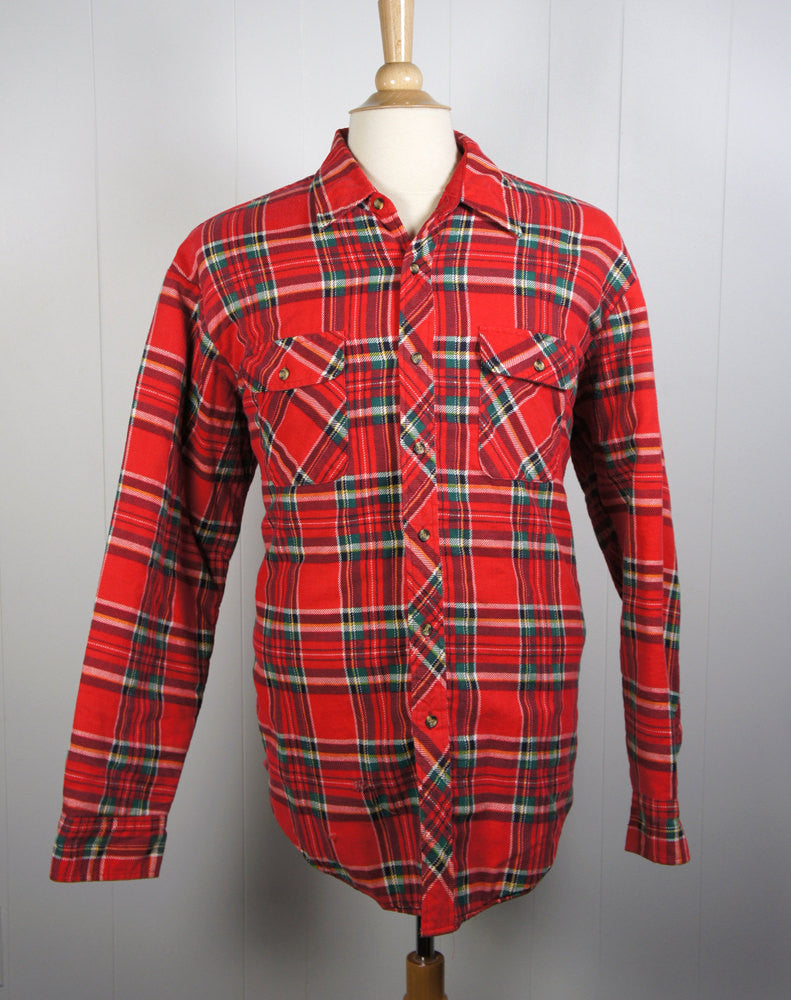 Red, Green, Black & White Striped Flannel Shirt Jacket -  Size XL