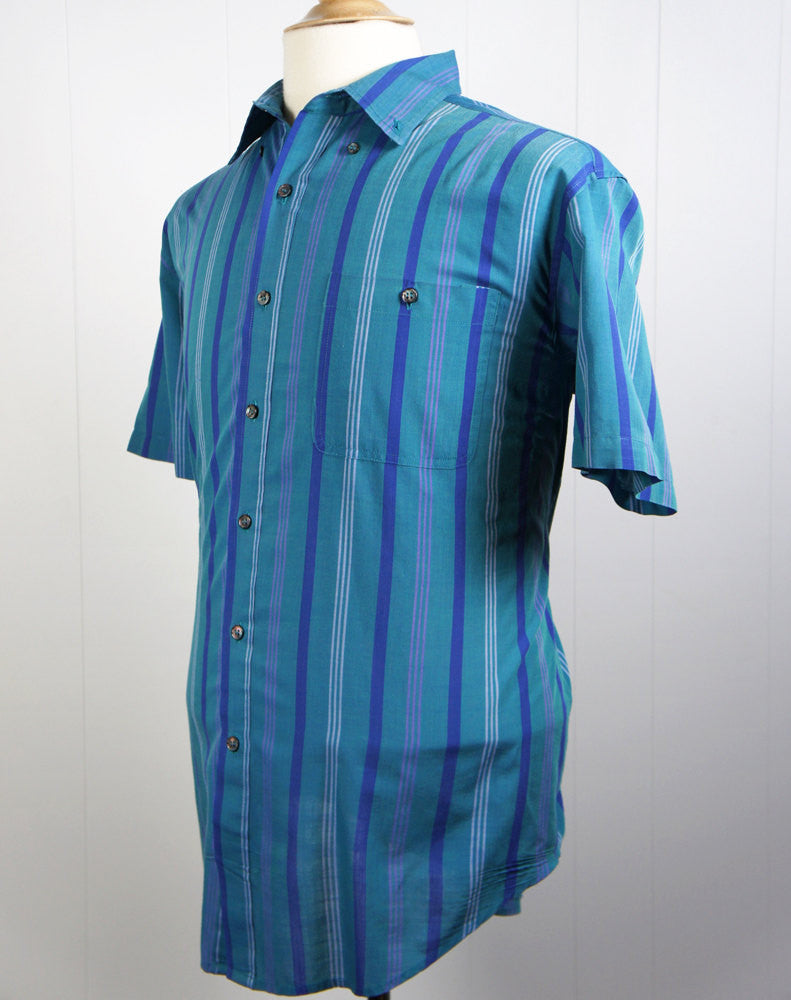 1980's Blue & Teal Striped Button Up Shirt - Size L
