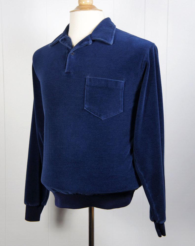 1970's Blue Velour Shirt - Long Sleeve, Size M