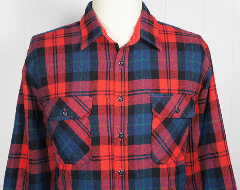 1980's Red, Blue & Black Striped Plaid Fieldmaster Flannel Shirt - Size XXL