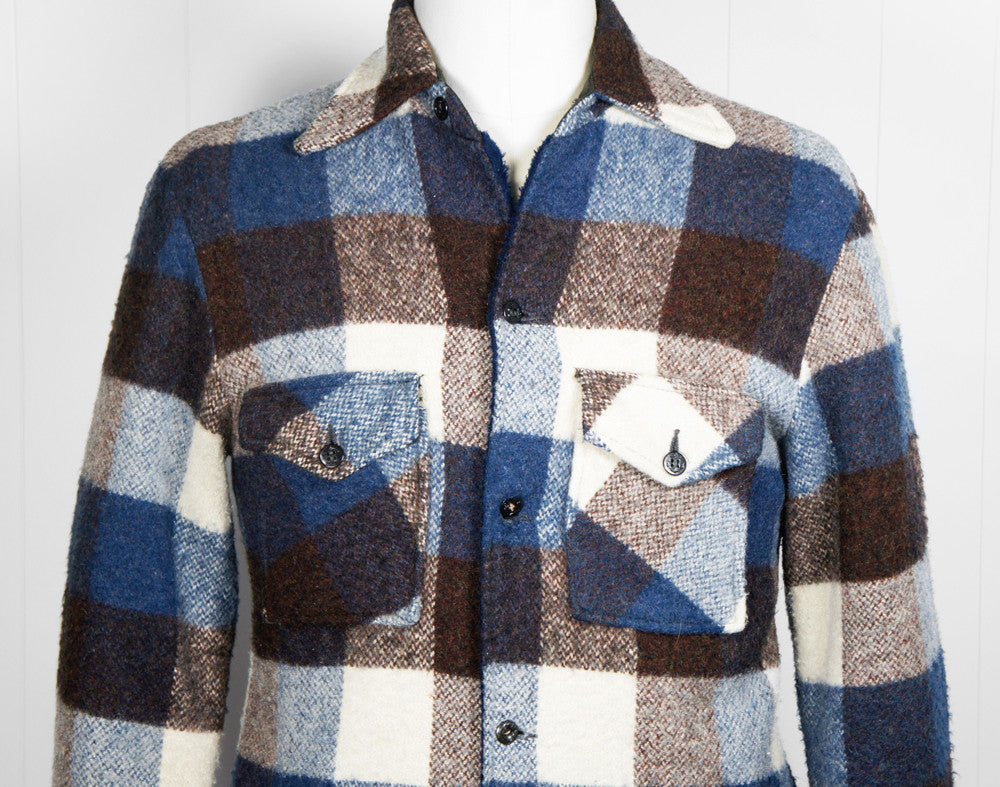1960's Blue, Brown & Off White Checkered Flannel Shirt Jacket - Size M