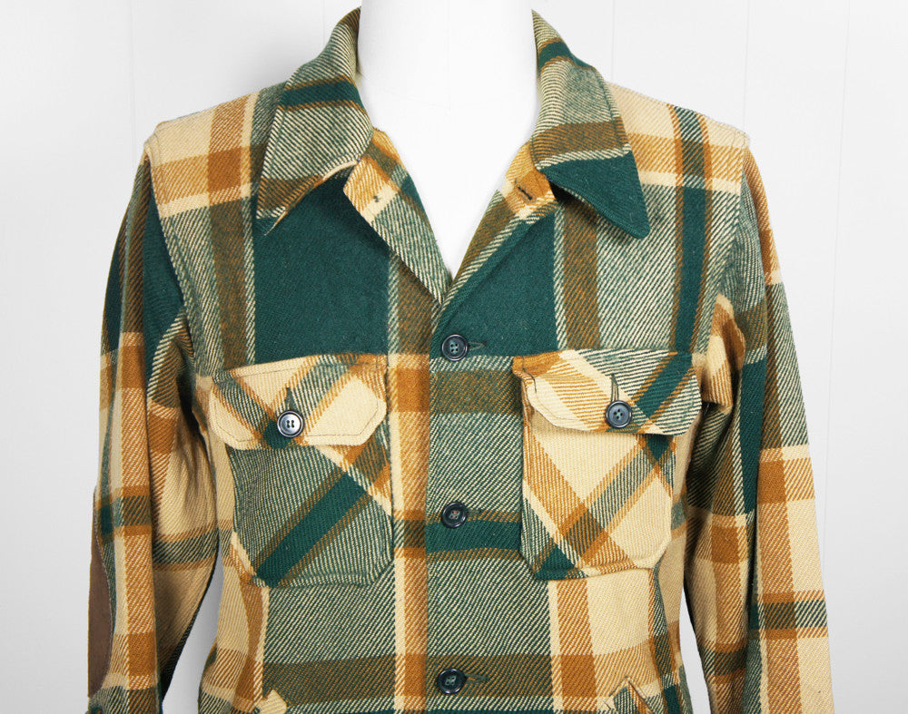 1960's Green & Brown Striped Plaid Woolrich Flannel Shirt Jacket - Size M
