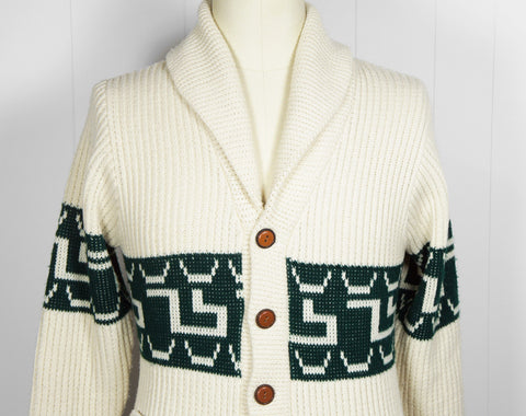 1970's Forest Green & Off White Button Up Cardigan Sweater, Size S
