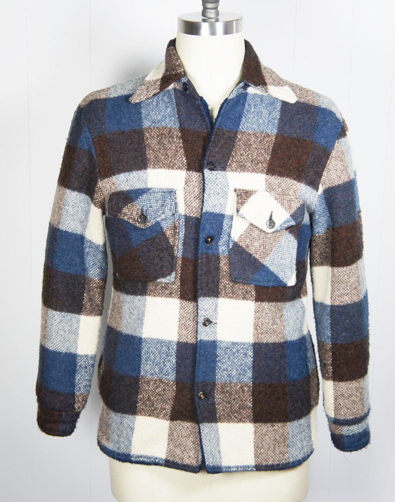 1960's Blue, Brown & Off White Checkered Flannel Shirt Jacket - Size M
