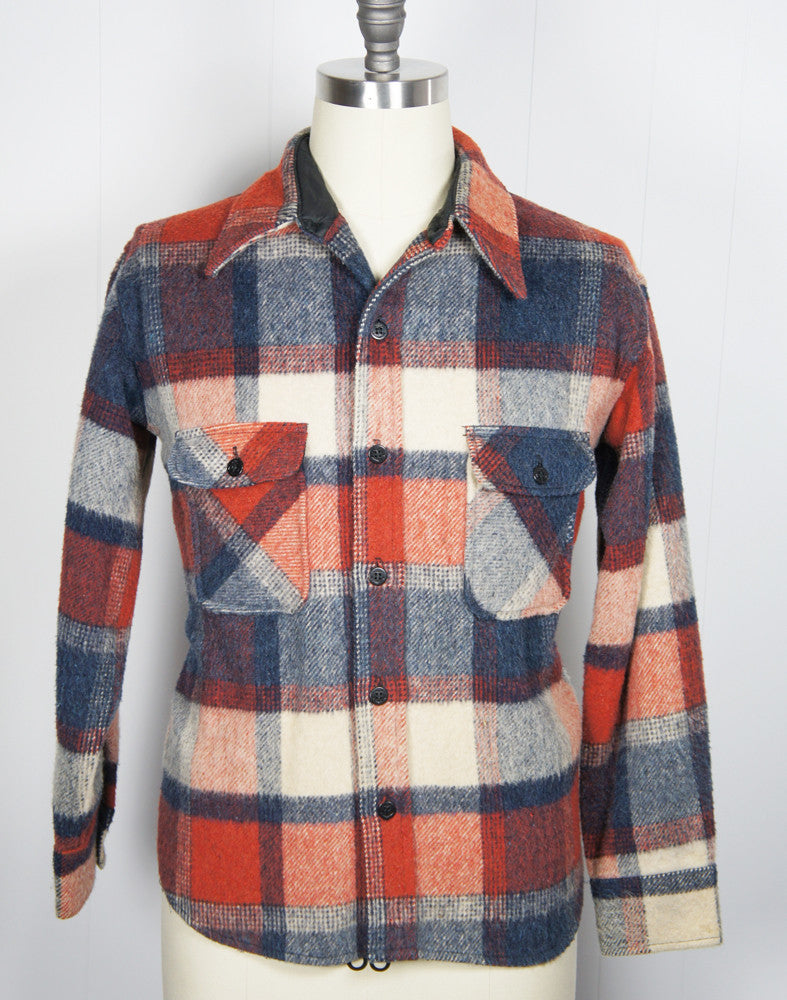 1950's Blue, Burnt Orange & Off White Checkered Flannel Shirt - Size L