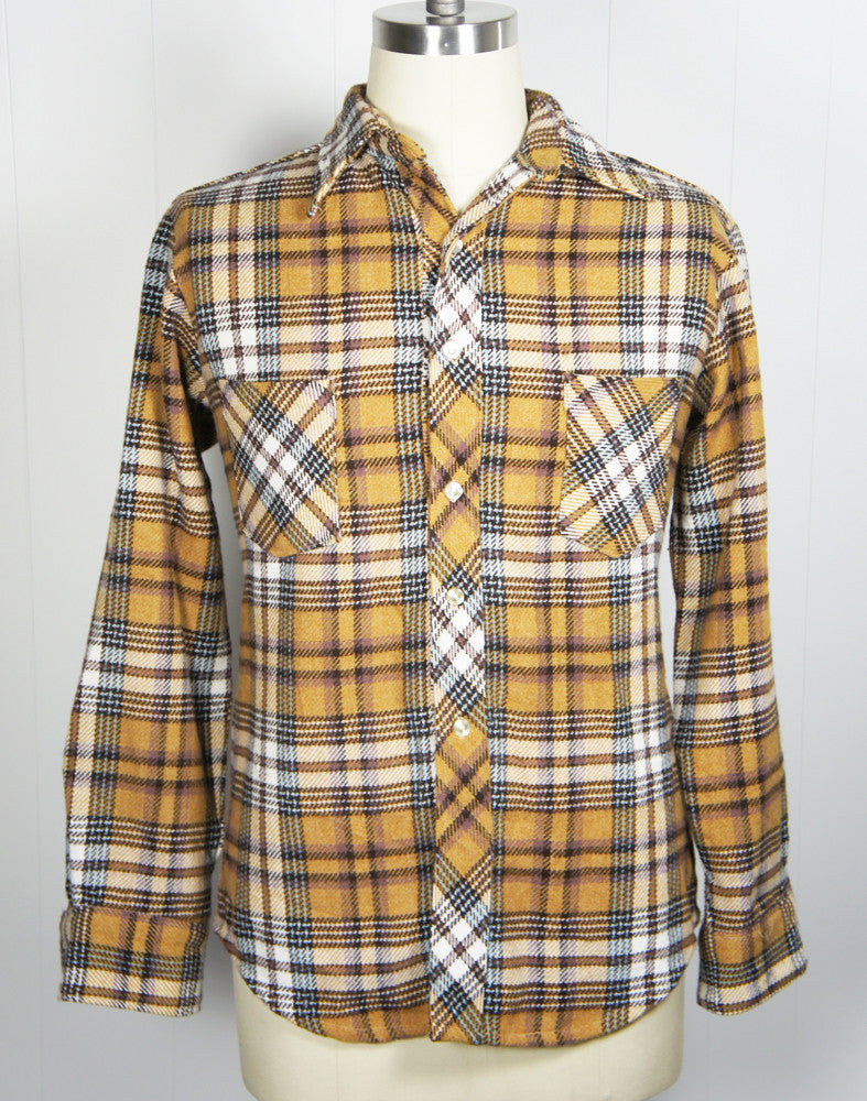 1960's Brown, Baby Blue & White Striped Plaid Wool Flannel Shirt - Size L