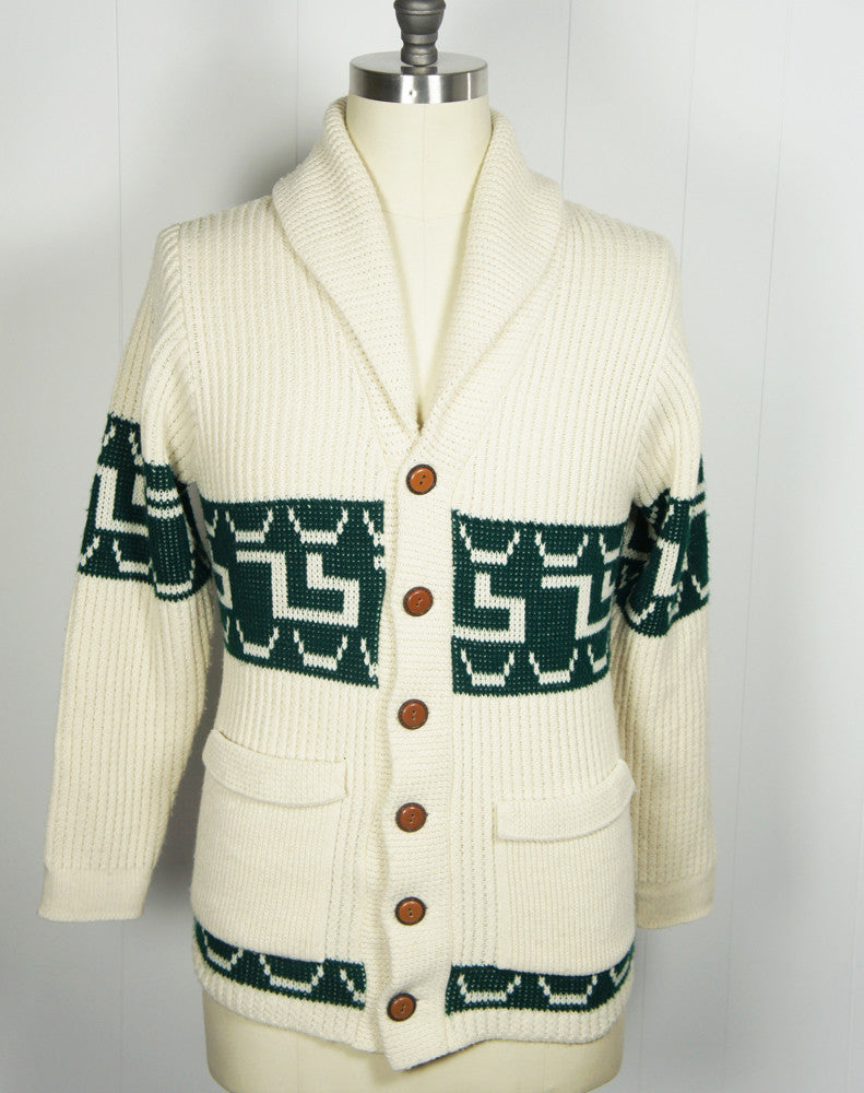 1970's Forest Green & Off White Button Up Cardigan Sweater, Size S