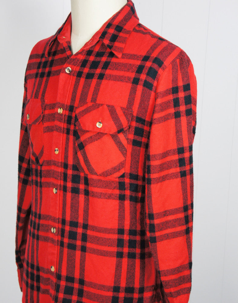 1980's Red & Black Striped Plaid Flannel Shirt - Size L