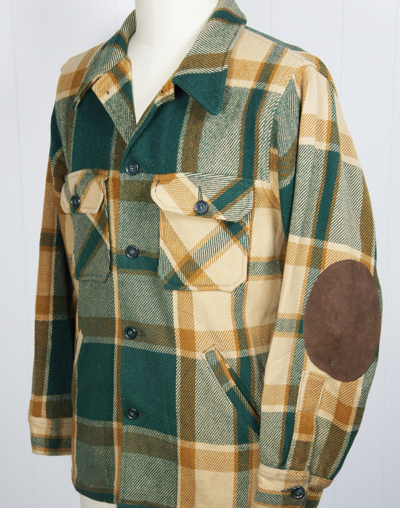 1960's Green & Brown Striped Plaid Woolrich Flannel Shirt Jacket - Size M