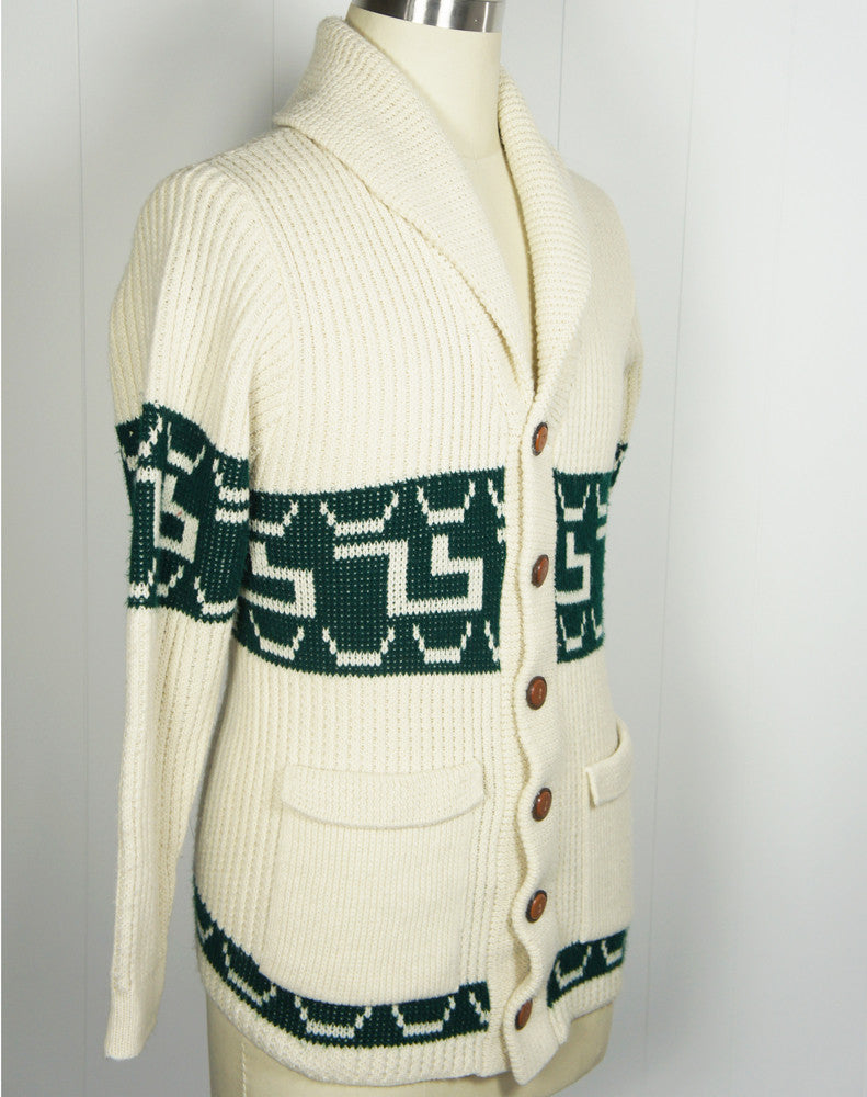 1970's Forest Green & Off White Button Up Cardigan Sweater, Size S