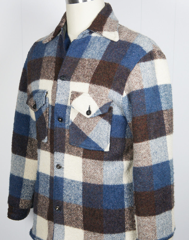 1960's Blue, Brown & Off White Checkered Flannel Shirt Jacket - Size M