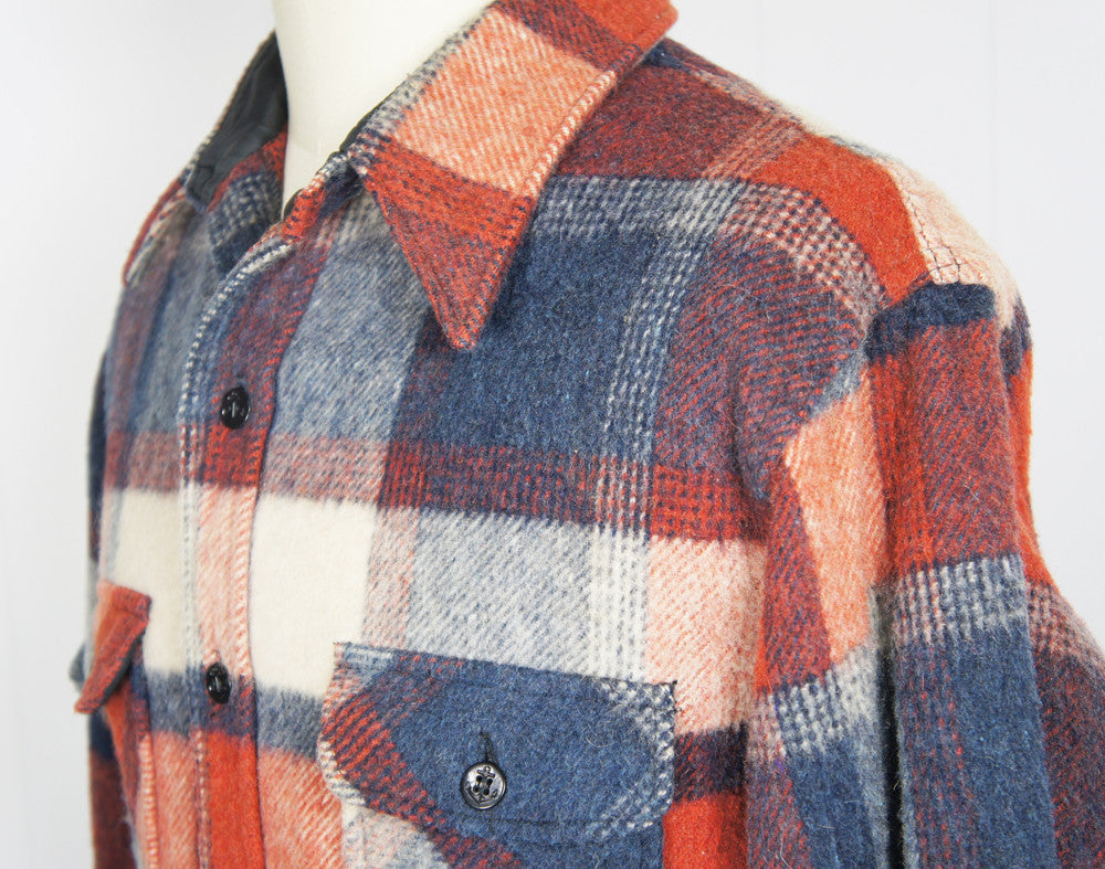 1950's Blue, Burnt Orange & Off White Checkered Flannel Shirt - Size L
