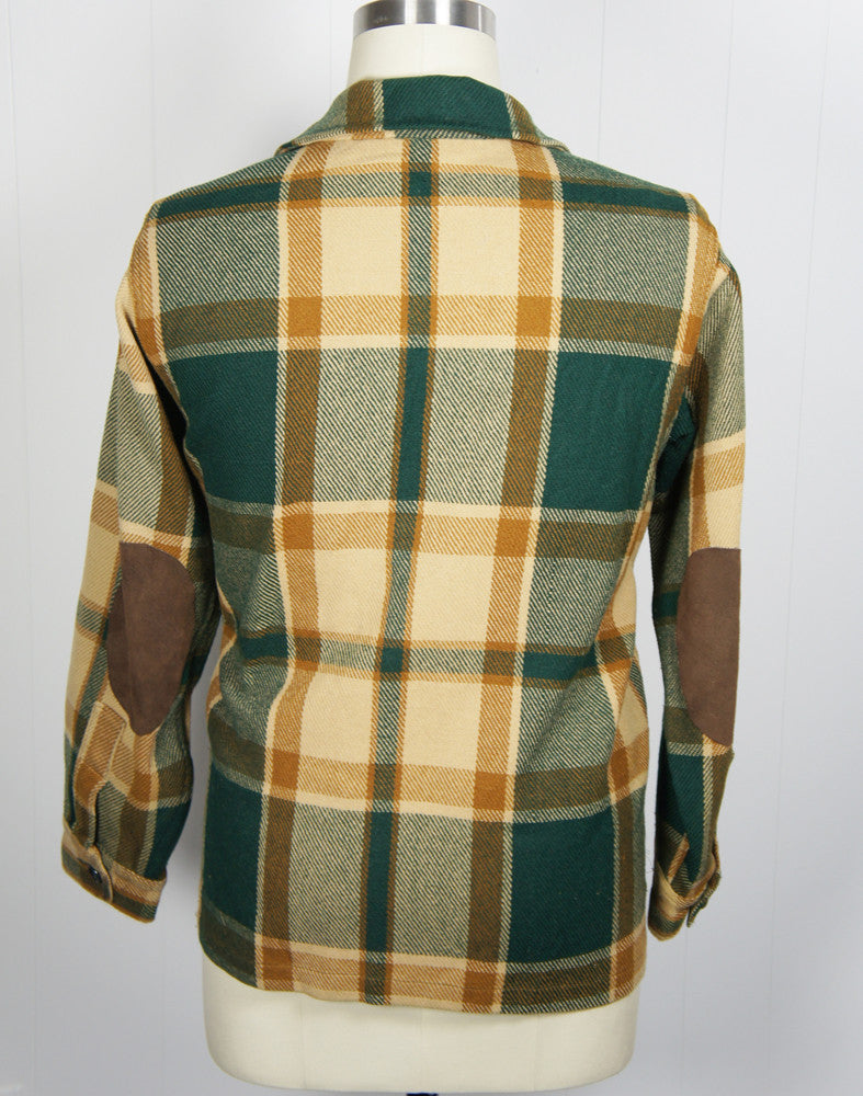 1960's Green & Brown Striped Plaid Woolrich Flannel Shirt Jacket - Size M
