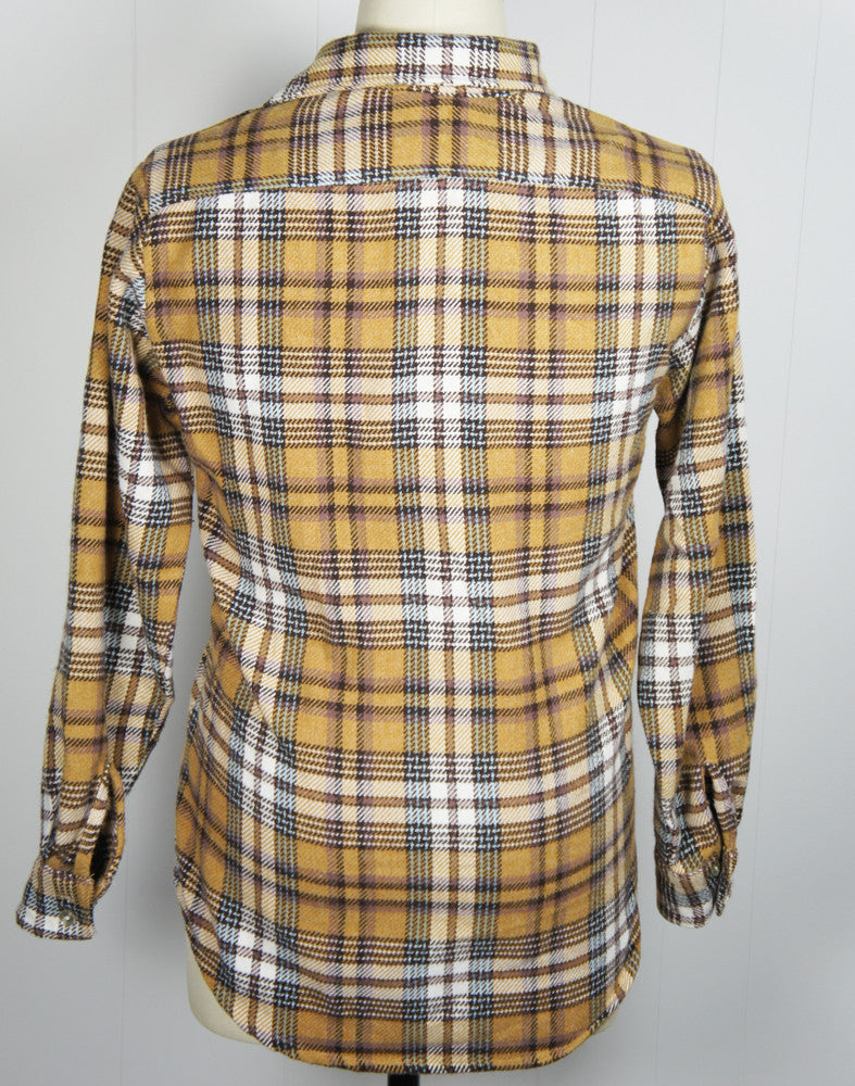 1960's Brown, Baby Blue & White Striped Plaid Wool Flannel Shirt - Size L