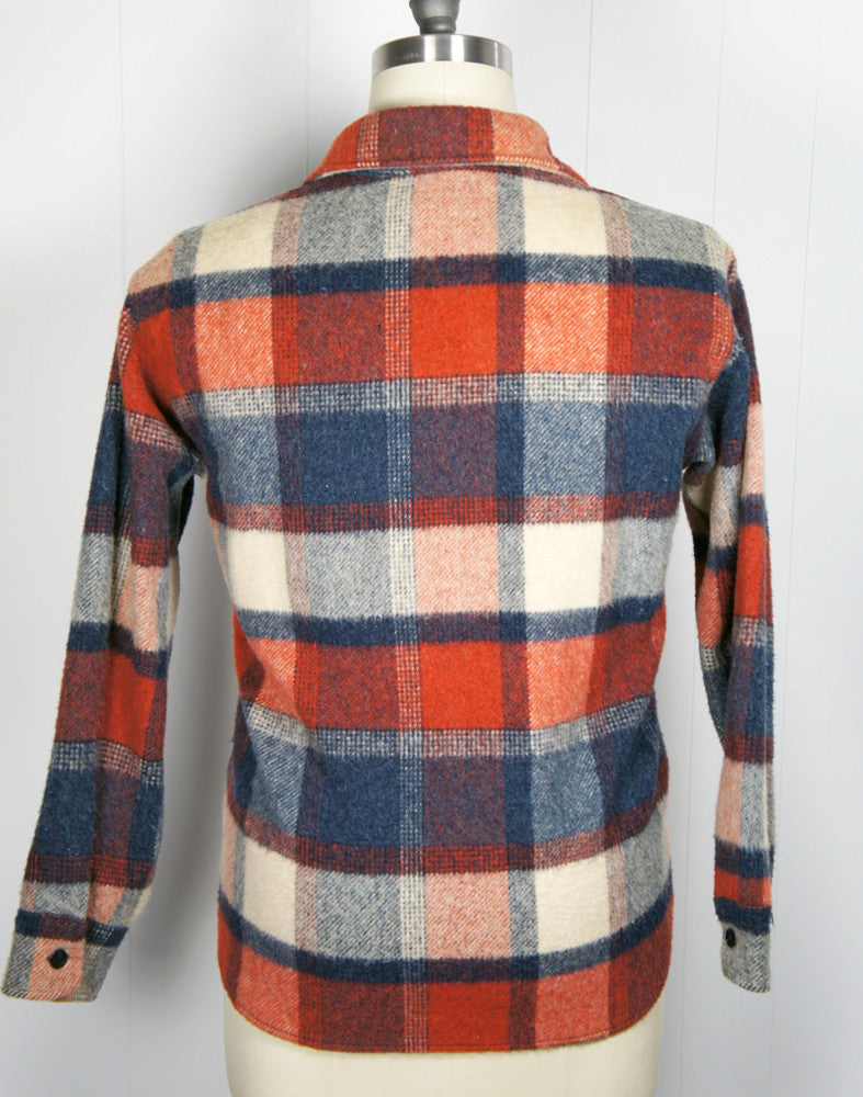 1950's Blue, Burnt Orange & Off White Checkered Flannel Shirt - Size L