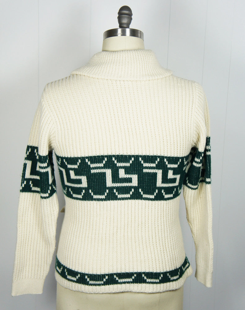 1970's Forest Green & Off White Button Up Cardigan Sweater, Size S