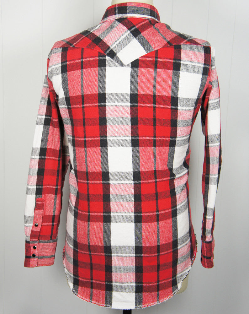 Red, Black & White Striped Flannel Western Pearl Snap Shirt - Size XL