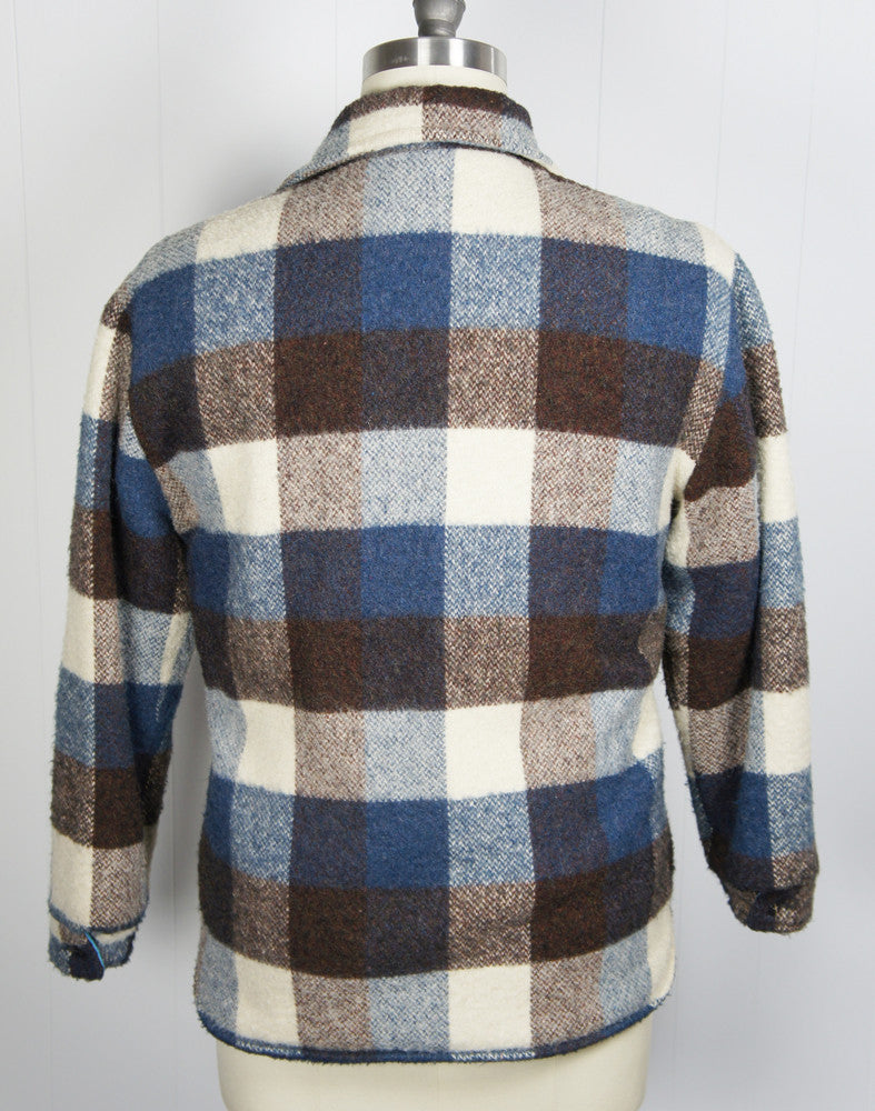 1960's Blue, Brown & Off White Checkered Flannel Shirt Jacket - Size M