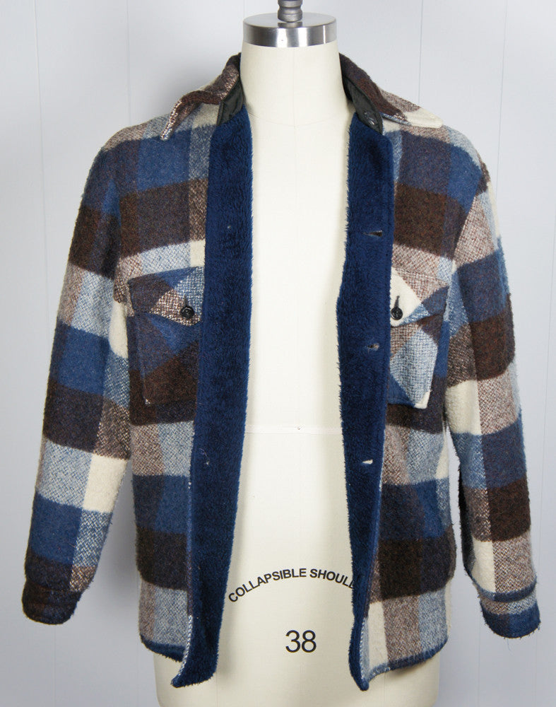 1960's Blue, Brown & Off White Checkered Flannel Shirt Jacket - Size M
