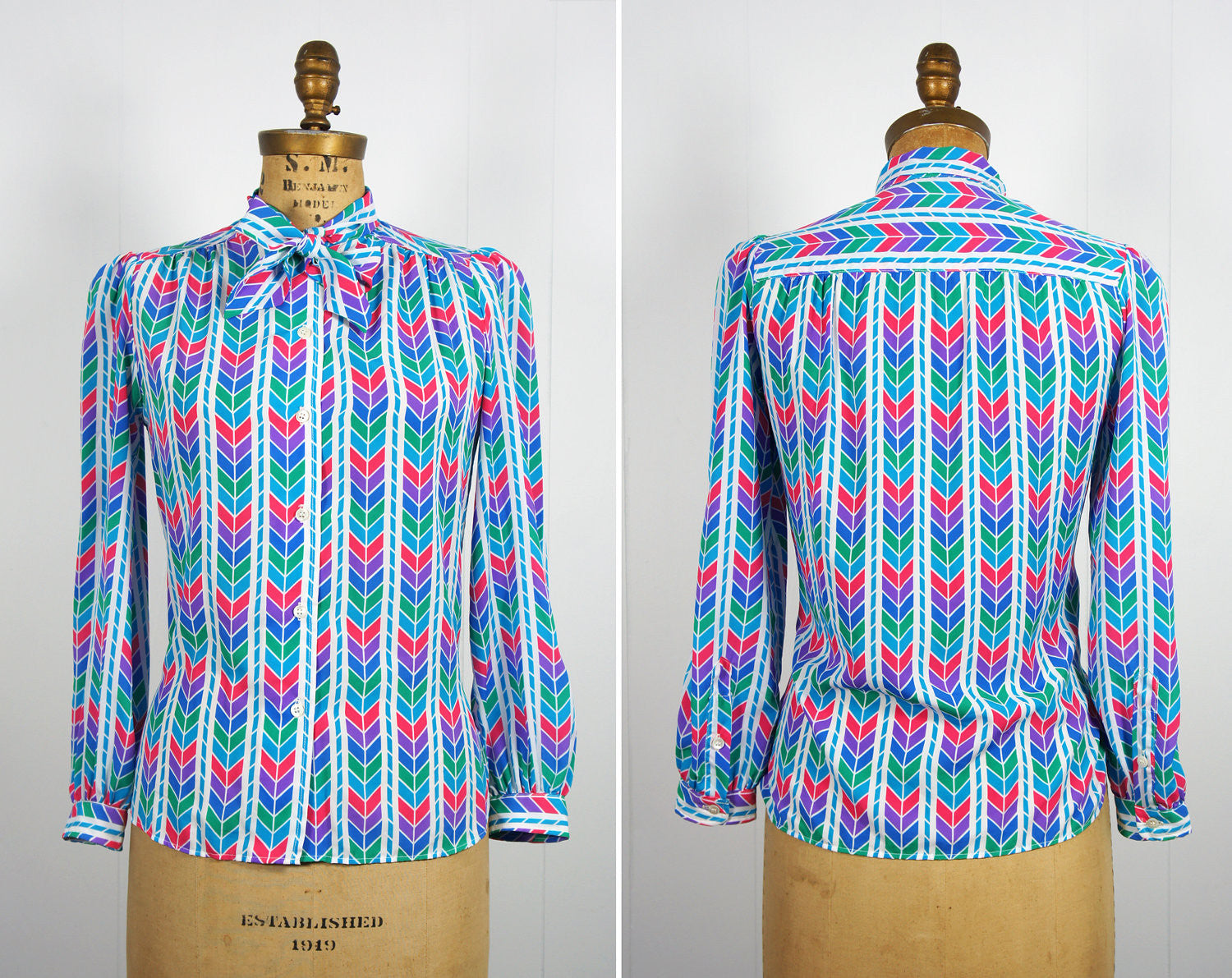 1970's Rainbow Chevron Secretary Bow Blouse, Size M