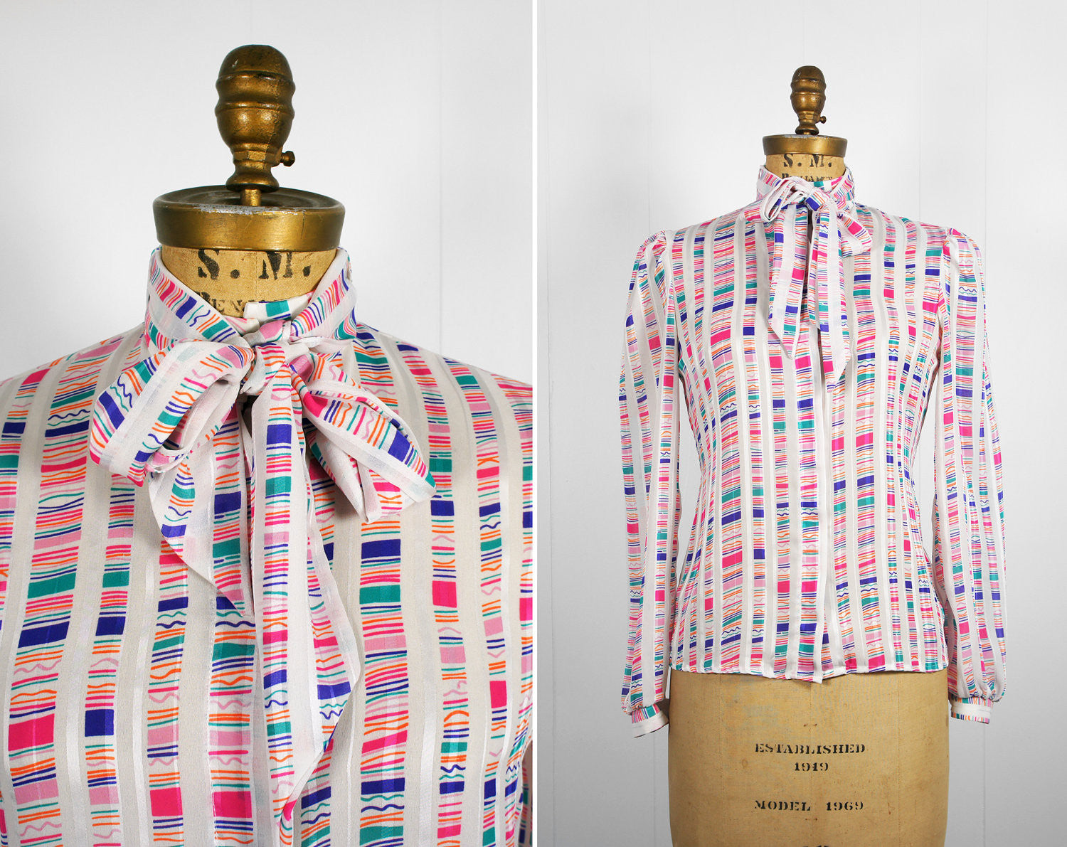 1970's Rainbow Striped Secretary Bow Blouse, Size S