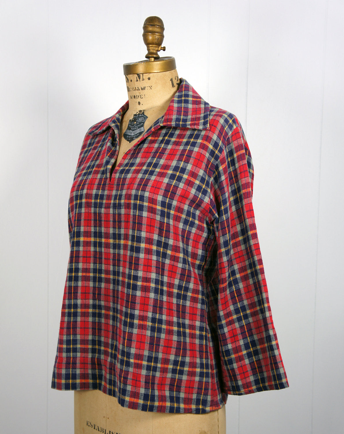 1970's Red, Blue & Yellow Striped Plaid Pullover Shirt, Size M