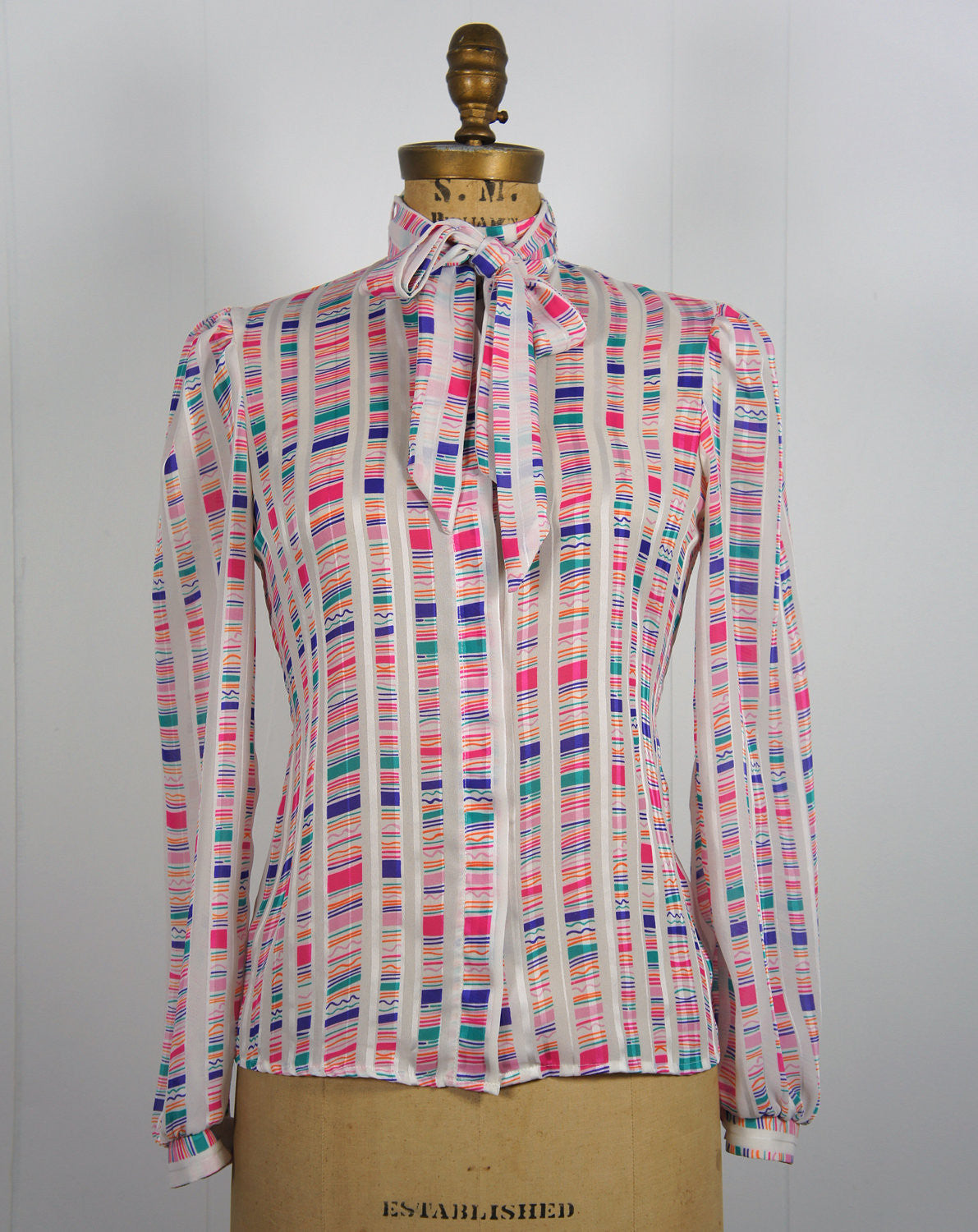 1970's Rainbow Striped Secretary Bow Blouse, Size S