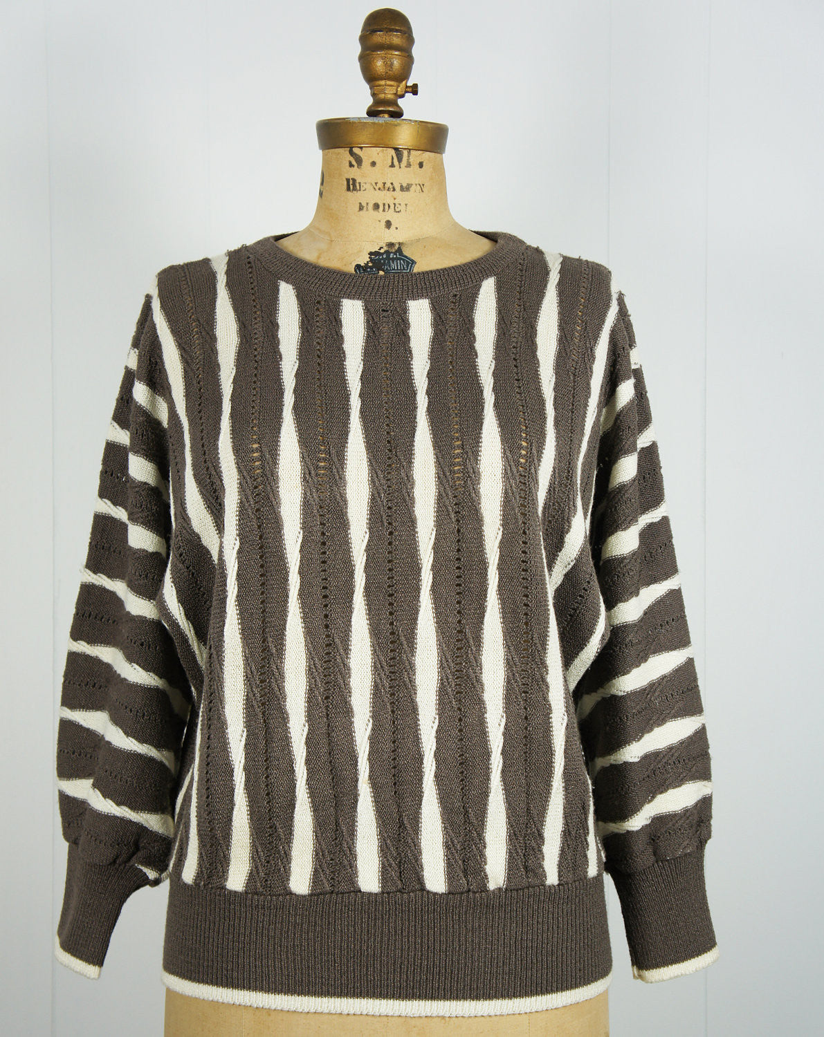 1980's Brown & White Striped Eyelet Knit Sweater, Size M / L