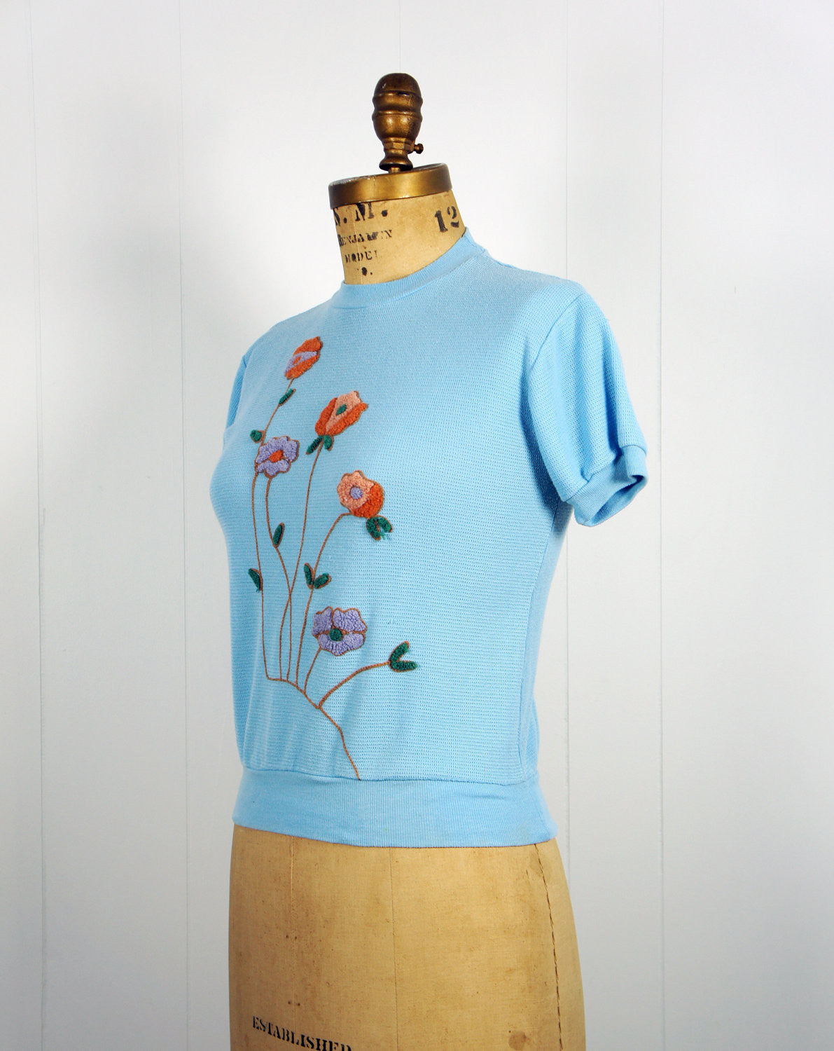1970's Light Blue Thermal Top w/ Floral Embellishments - Size S