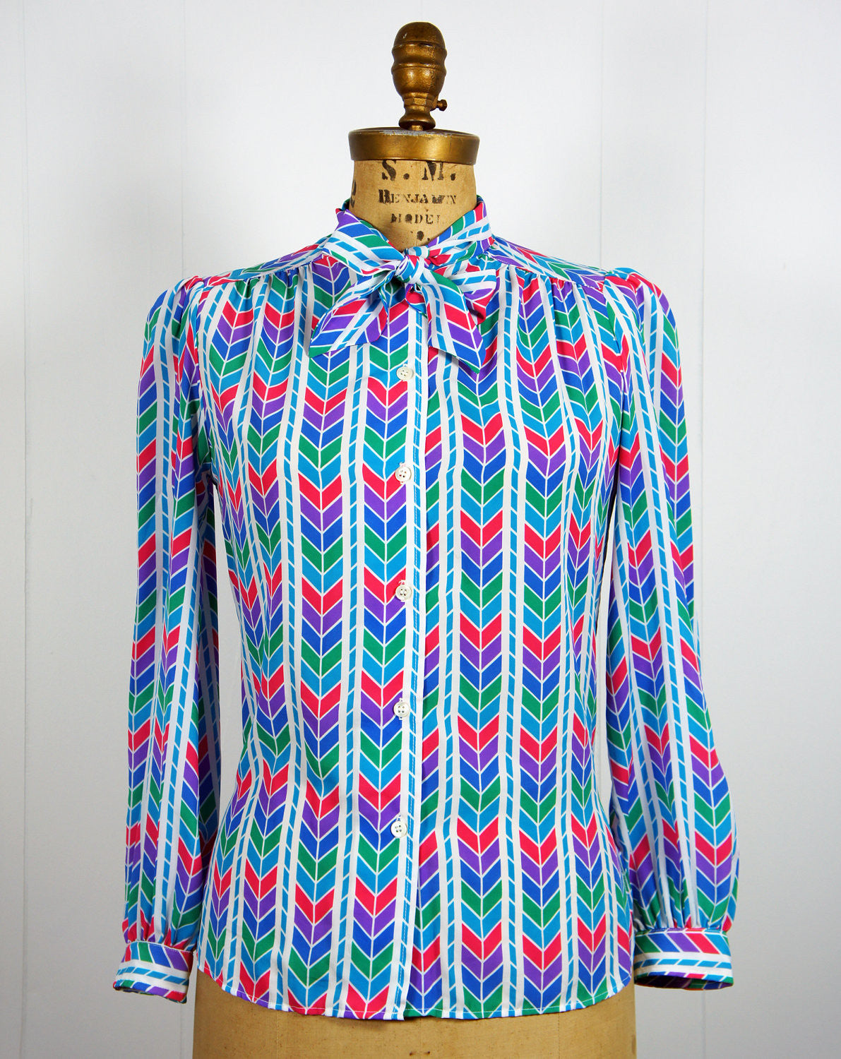 1970's Rainbow Chevron Secretary Bow Blouse, Size M