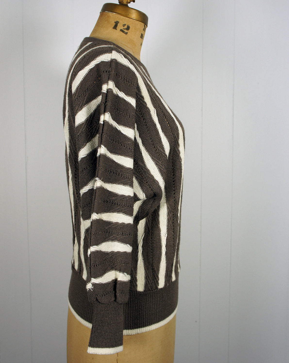 1980's Brown & White Striped Eyelet Knit Sweater, Size M / L