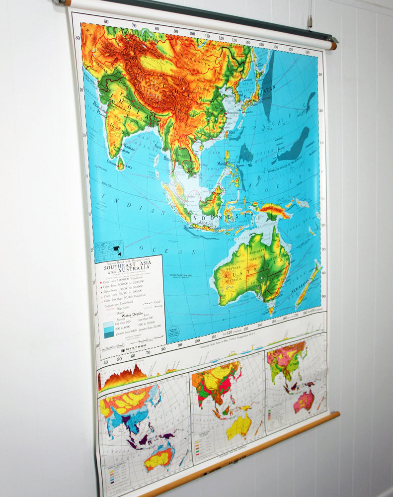 1980's Southeast Asia & Australia Pull Down Classroom Map