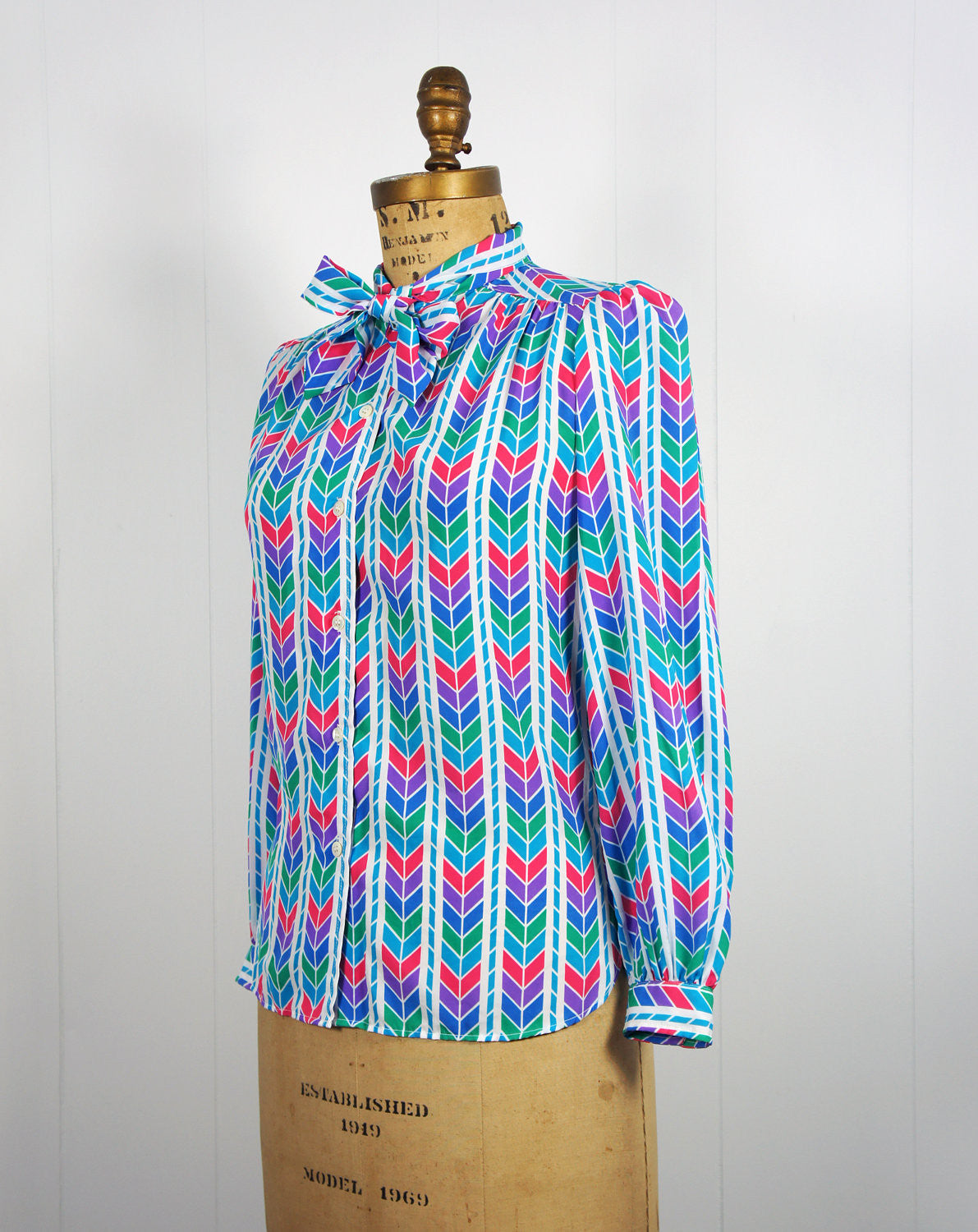 1970's Rainbow Chevron Secretary Bow Blouse, Size M