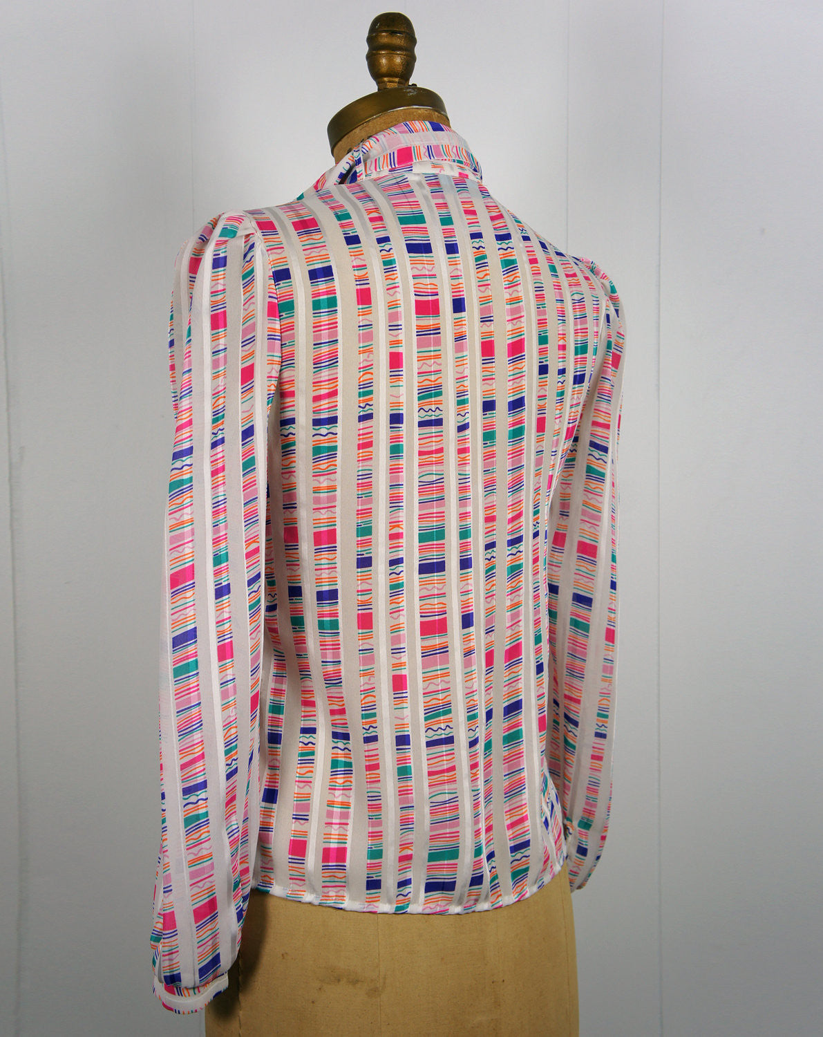 1970's Rainbow Striped Secretary Bow Blouse, Size S