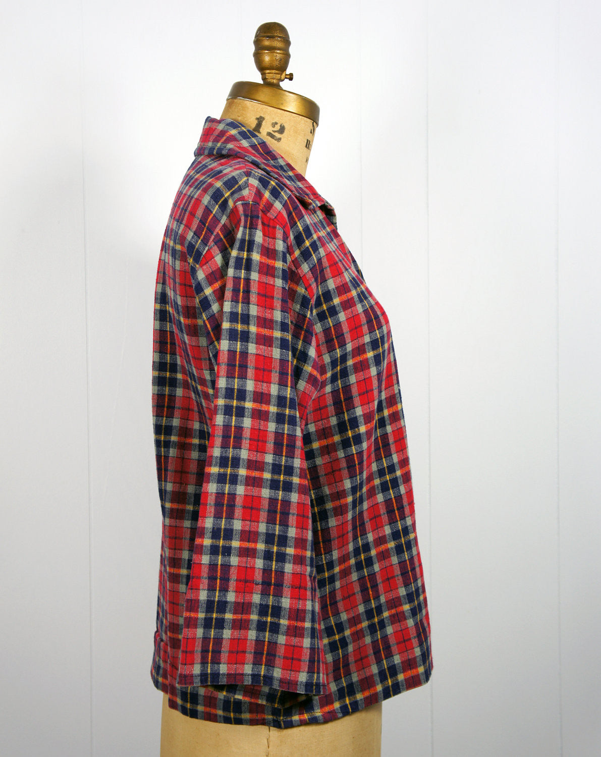 1970's Red, Blue & Yellow Striped Plaid Pullover Shirt, Size M