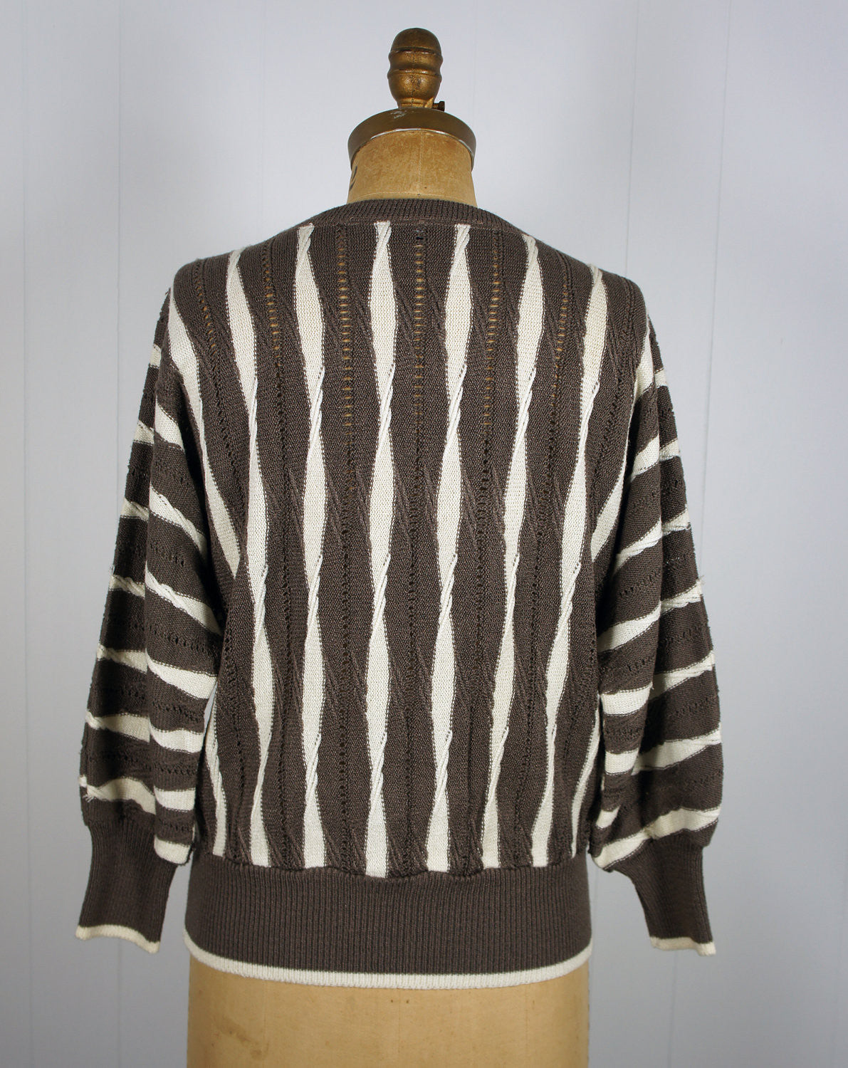 1980's Brown & White Striped Eyelet Knit Sweater, Size M / L