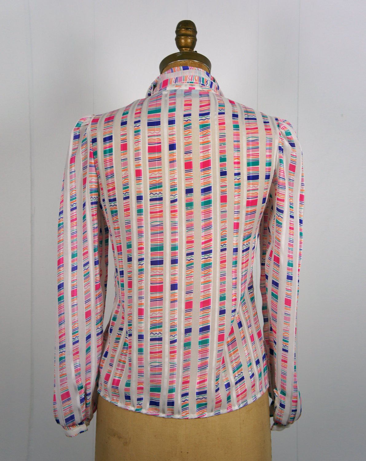 1970's Rainbow Striped Secretary Bow Blouse, Size S