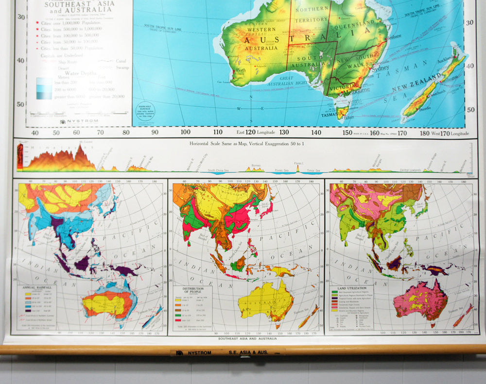 1980's Southeast Asia & Australia Pull Down Classroom Map