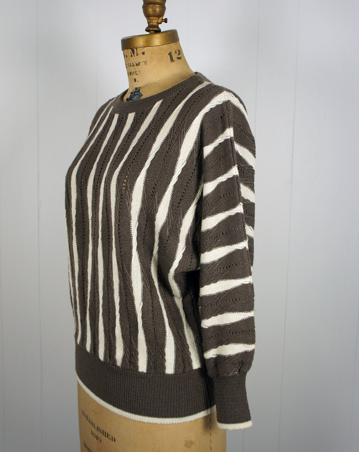 1980's Brown & White Striped Eyelet Knit Sweater, Size M / L